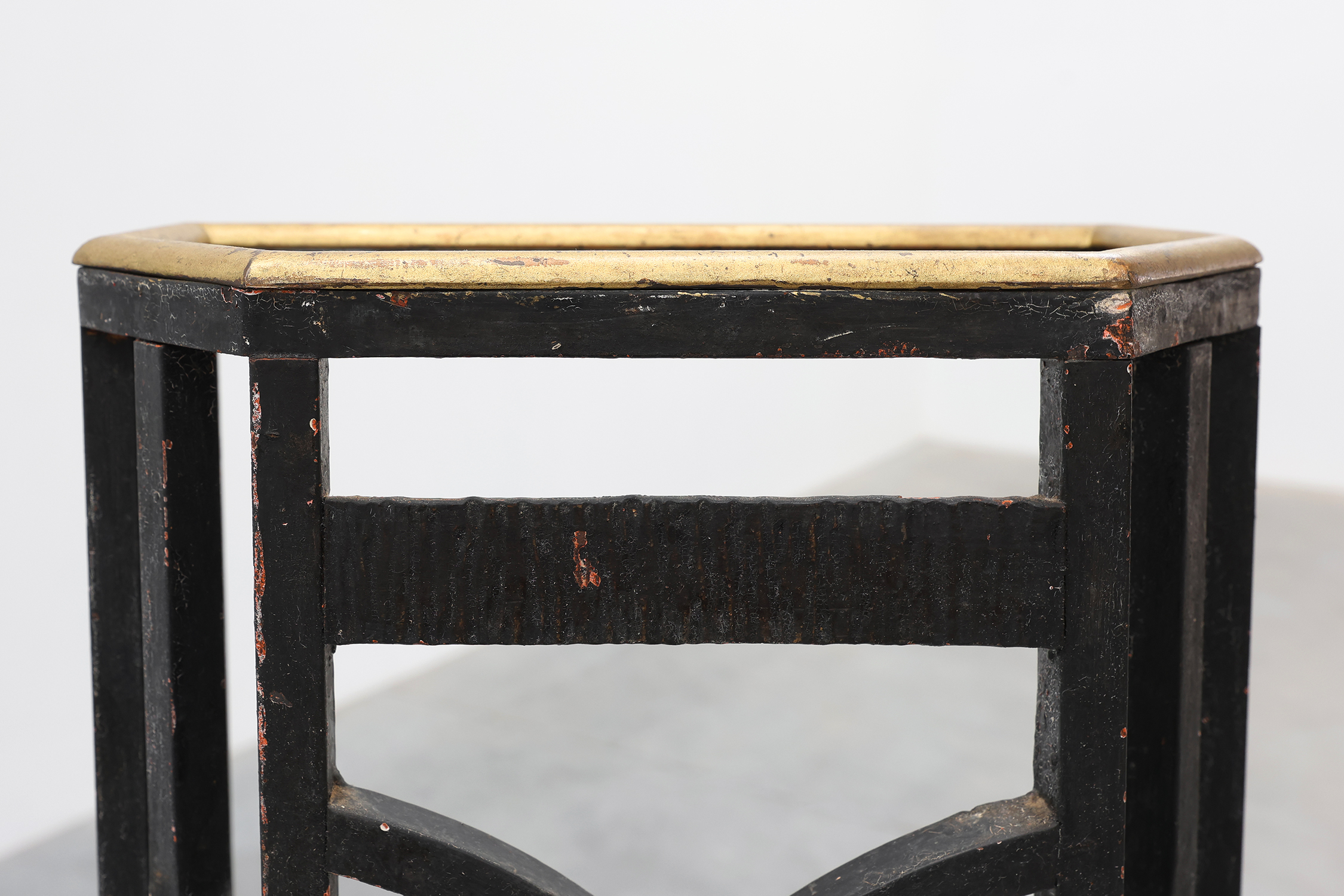 Art Deco metal umbrella stand with geometric openwork and brass rim, Belgium, 1920sthumbnail